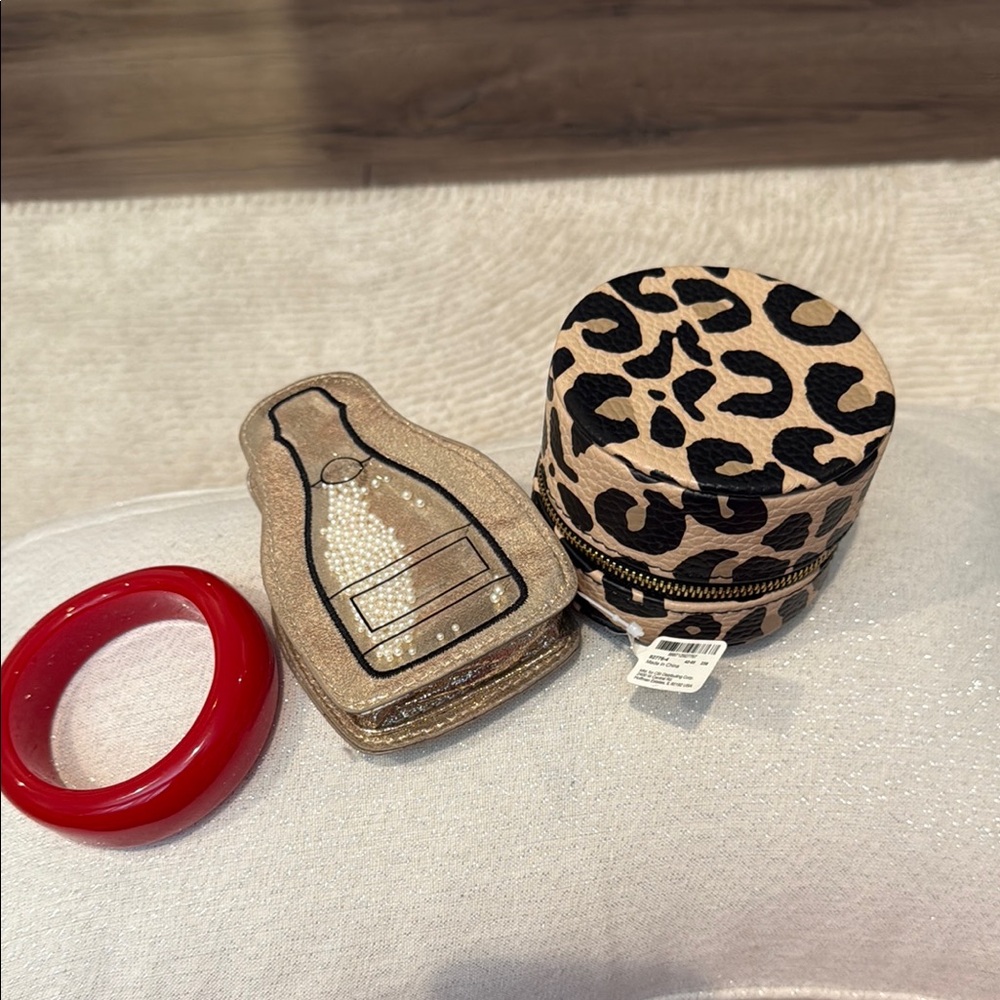 Leopard Print Jewelry Box with Gold Champagne Pouch